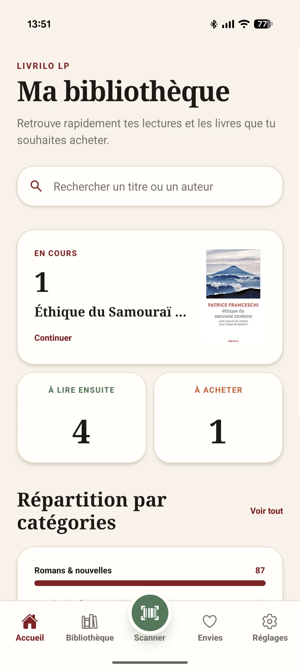 Écran d'accueil de Livrilo avec synthèse de la bibliothèque